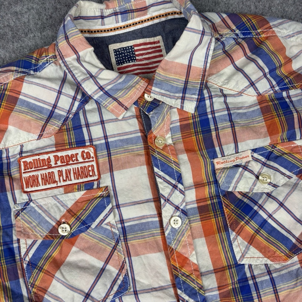 Rolling Paper Shirt Mens Large Orange Blue Short Sleeve Western Y2K Style Button